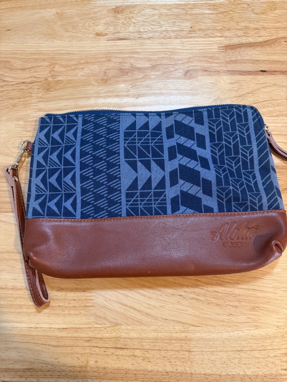 Aloha Modern Navy Patterned Canvas and Brown Leather Bag with Hand Strap